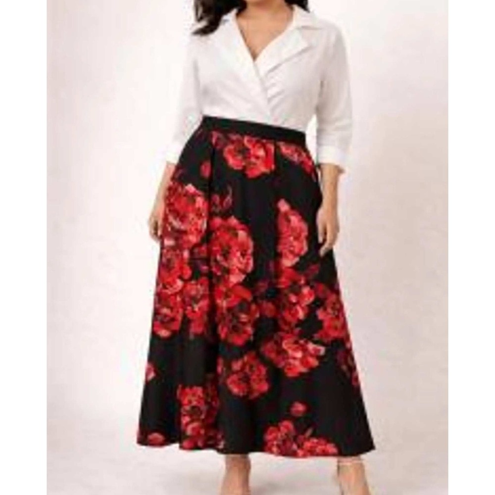 NWT Alexa B Women's Floral Print Evening Gown White Red Black Size 10 Wedding